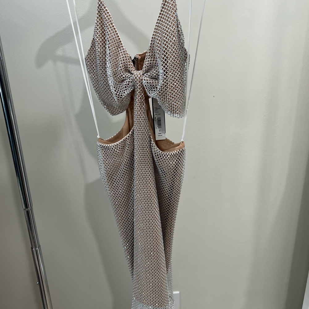 Alice + Olivia Backless Mesh Dress in Cream and Tan